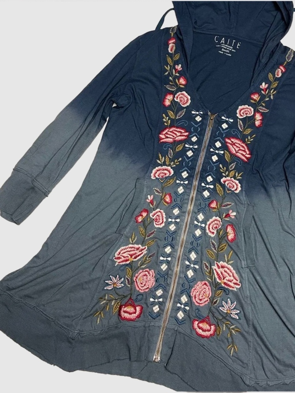 Caite - Ida Floral Embroidered Floral Boho Blue Tie Dye Hoodie Jacket - XXL